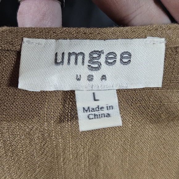 Umgee Size L Brown Tan Short Sleeve Linen Cotton Blend Top Lagenlook Fray - Picture 5 of 6